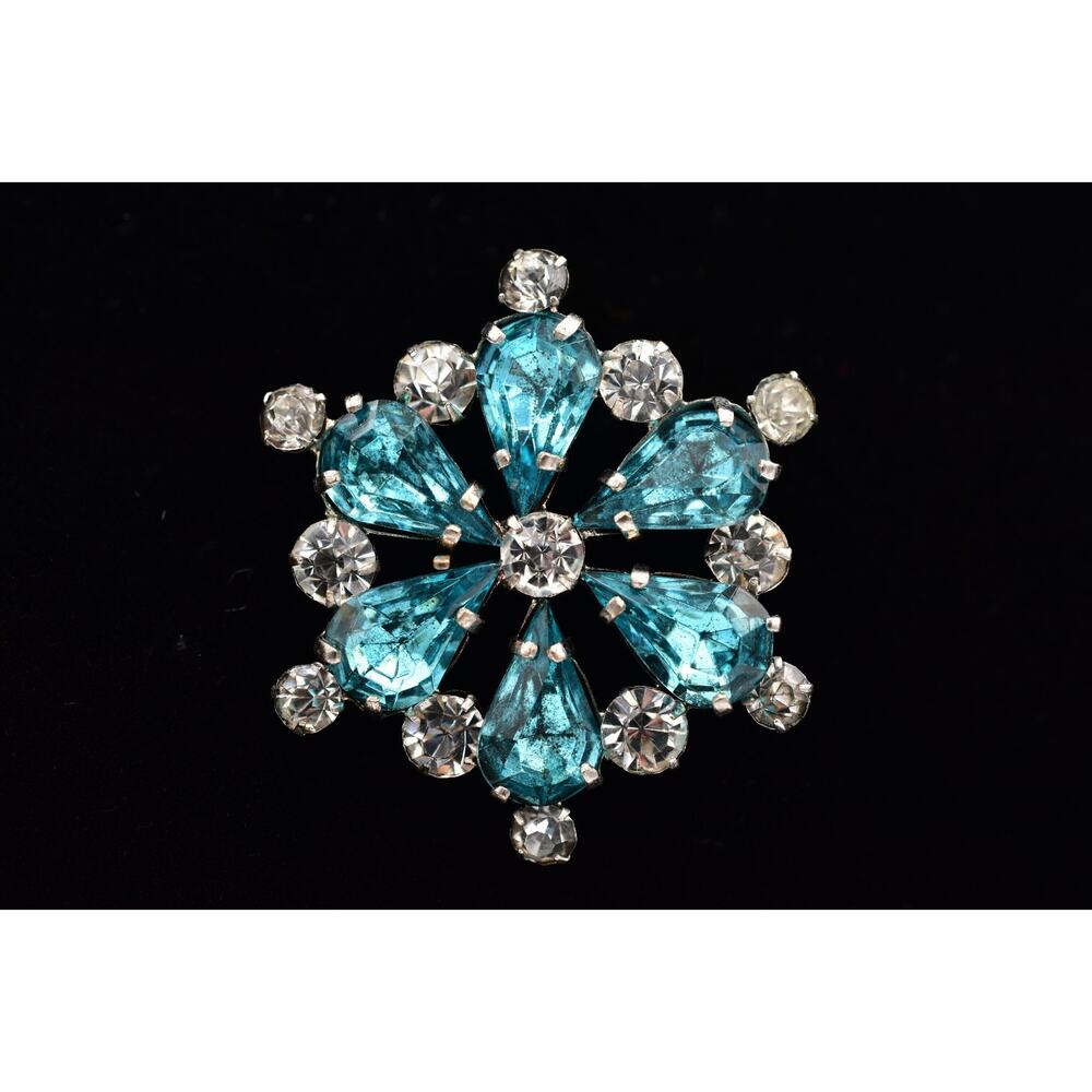 Vintage Czech Blue Rhinestone Floral Brooch Teardrop Crystal Pin Signed BinBP